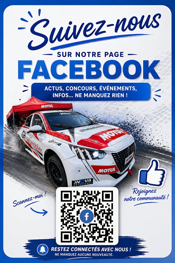 Affiche Gourdan RX Team — Suivez-nous sur Facebook, scannez le QR code pour actus, concours et événements